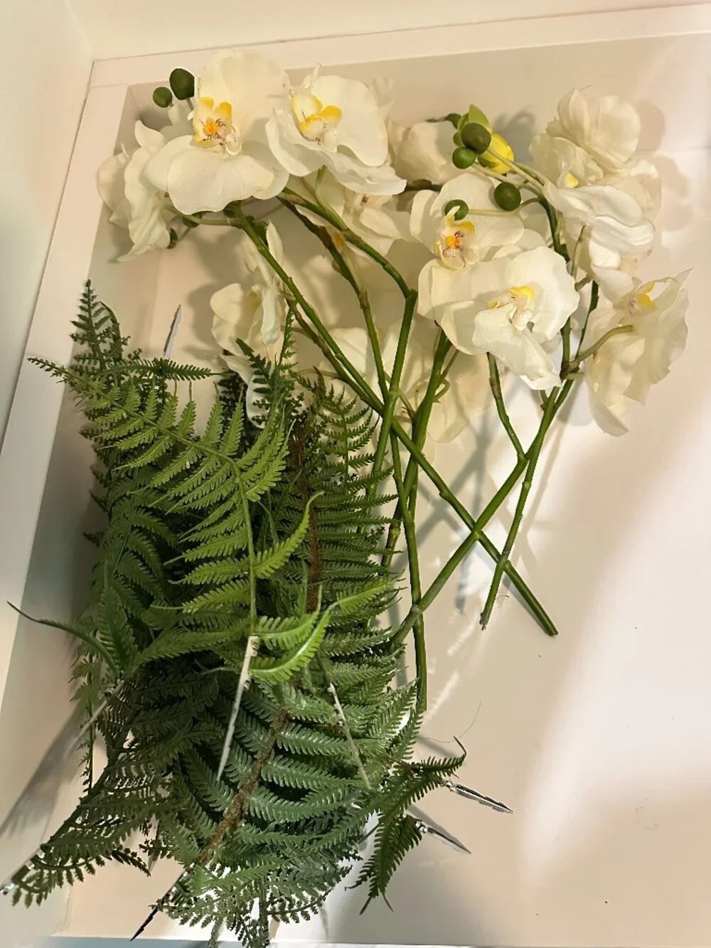 Artificial White Orchid Arrangement w/ Ferns & Bird Clip Faux Floral